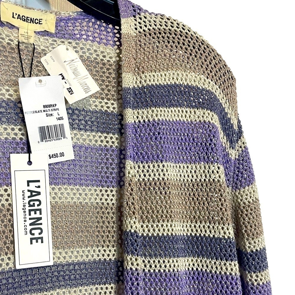 L’AGENCE Koi Striped Metallic Open-Knit Longline Cardigan NWT Large Duster - Picture 7 of 11